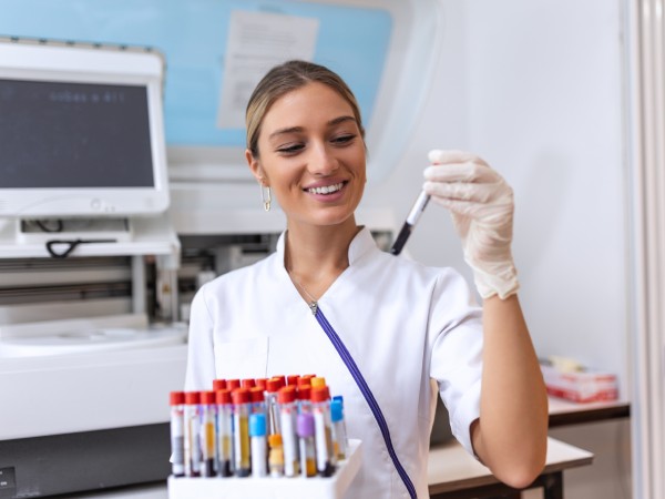 Técnico realizando pruebas con tubos de sangre en el laboratorio de investigación.